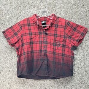 Disney Kingdom Hearts Red Plaid Ombre Short Sleeve Flannel Shirt Womens Large L